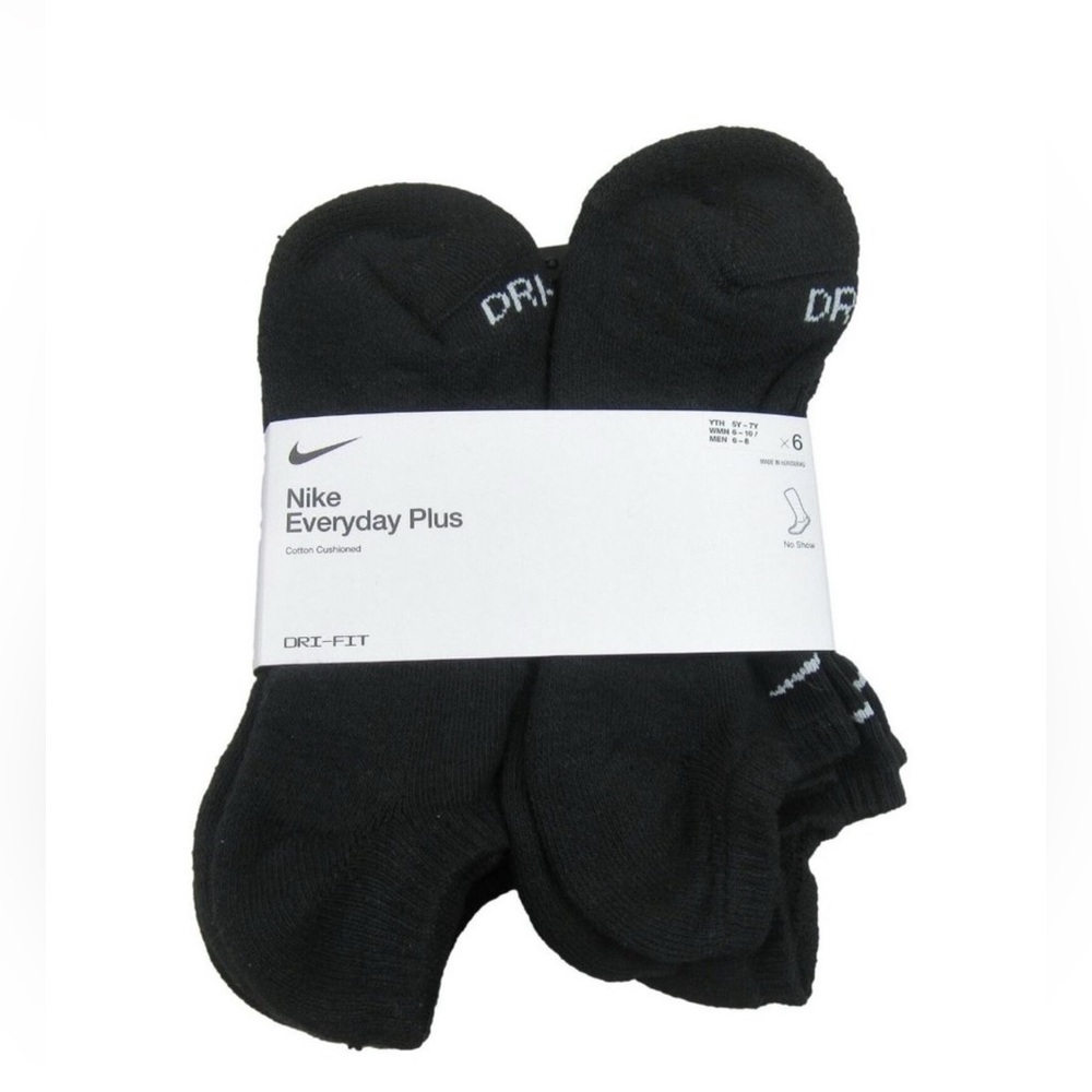 Nike Everyday Plus No Show Socks Black 6 Pack Women's 6-10 / Youth 5Y-7Y NEW